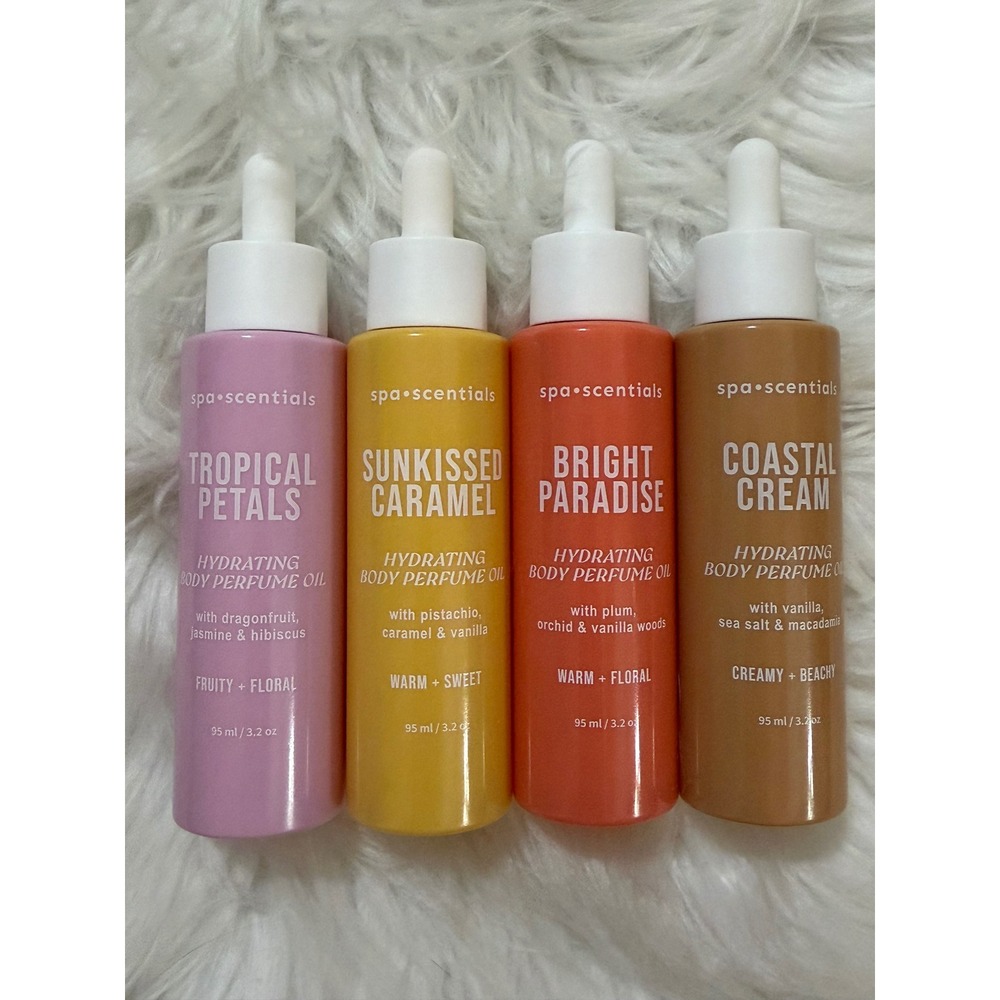 Spa Scentials Hydrating Body Perfume Oil Set 4 Pack Tropical Caramel Coastal Oil - Picture 9 of 10